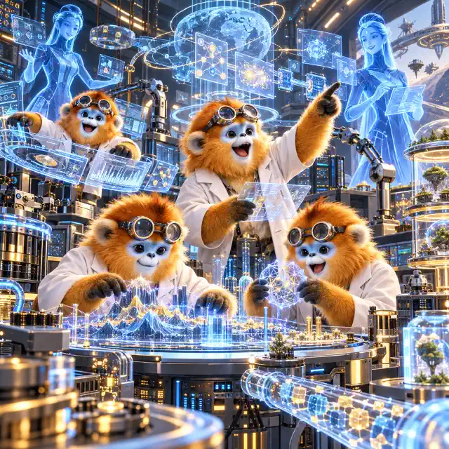 Four exuberant golden snub-nosed monkey scientists in lab coats collaborate beneath elaborate holographic AI assistants, neural networks and data displays.